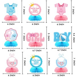 9 Pcs Gender Reveal Honeycomb Centerpieces Table Decor, Pink and Blue Baby Shower Party Decorations, Team Boy or Girl Voting Signs, Baby Bodysuit & Question Mark Table Toppers for Gender Reveal Party