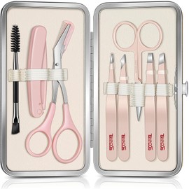 TsMADDTs Pinzas para cabello facial para mujer, kit de cejas 8 en 1 con pinzas, tijeras para recortar cejas, maquinilla de afeitar, cepillo con bolsa de viaje, herramientas de belleza diarias para