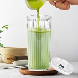 Icesip 18 oz Ribbed Glass Tumbler with Straws and Lids 4 Pack Glassware Set Thickened Glass For Matcha Iced Coffee Juice Cocktails Drinking Glasses Tumbler