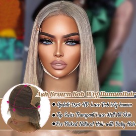 13X4 Ash Blonde Blunt Cut Bob Wig Human Hair for Women Lace Frontal Wigs Pre Plucked with Baby Hair 100% Unprocessed Ash Blonde HD Transparent Bob Wigs Human Hair Glueless Lace Front Blonde Wig