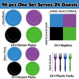 96Pcs Video Game Party Supplies Birthday Royale Tableware Set Video Gaming Party Plates and Napkins Game On Decorations Level Up Dinnerware for Kids Boys Baby Shower Parties Favors Serve 24 Guests