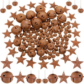 140 Pieces Christmas Bell Set, Includes 100 Rustic Small Bell 20 Star Cutout Bell 20 Metal Star Vintage Ornament for Christmas Home Decor DIY Craft (Rusty)
