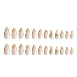 Gold Line Press on Nails Medium Almond Moon French Tips False Nails 3D Metal Chrome Acrylic Fake Nails Flowers Design French Glue on Nails Almond Shaped Stick on Nails for Women Girls 24 PCS