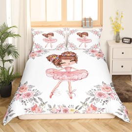 Girls Ballet Bedding Set Single Size for Kids, Ballerina Duvet Cover Bedroom Decor Cute Little Dancer Comforter Cover Girly Rose Flowers Print Bedspread Cover, Pink White Gray, 1 Pillowcase