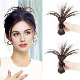 2PCS Messy Bun Hair Piece Claw Clip in Hair Bun Hair Piece Claw Clip in Straight Hair Half Bun Ponytail Extension Chicken Feather Shuttlecock Head Fountain High Ponytail for Women Girls (Light Brown)