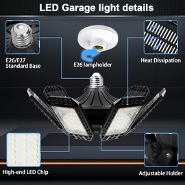 AUDLES 1 Pack LED Garage Light, 240W 24000LM 6500K LED Shop Lights, Garage Lights Ceiling Led with 7+1 Deformable Panels, E26/E27 Bulb Socket Lighting for Shop, High Bay, Attic, Basement, Warehouse