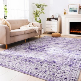 Carvapet Vintage Living Room Rug 9x12 Washable Rug Purple Ultra Large Ultra Soft Area Rug Non-Slip Stain Resistant Carpet Foldable Indoor Floor Cover Print Accent Rug for Bedroom Dining Room Nursery