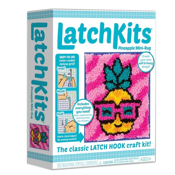 PlayMonster LatchKits for Wall Hangings & Mini-Rugs - Pineapple - Craft Kit with Easy, Color-Coded Canvas, Pre-Cut Yarn & Latch Hook Tool - Perfect DIY Craft for Kids - Ages 6 and Up, Small, Multi