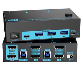 8K Dual Monitor KVM Switch Dual HDMI 2.1 2 Monitors 2 Computers 2 in 2 Out 4 Port USB 3.0 8K@60Hz/4K@120Hz KVM Switches， Wired Desktop Controller & 2 USB 3.0 Cables Included