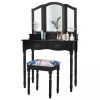 Black Tri Folding Mirrored Vanity Makeup Table Stool Set Bedroom