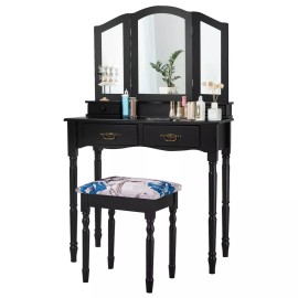 Black Tri Folding Mirrored Vanity Makeup Table Stool Set Bedroom W/4 Drawers