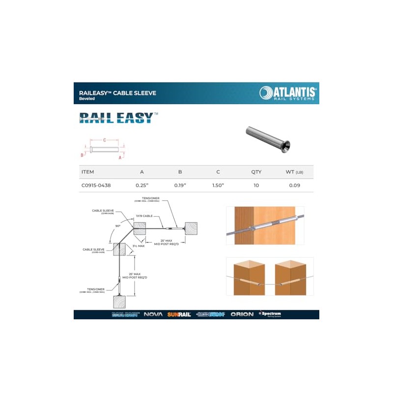 Atlantis RailEasy C0915-0438 Cable Sleeve for 5/32" Cable (Beveled) -