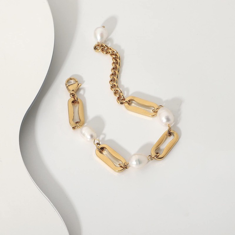 Baroque Pearl Paperclip Link Chain Bracelet 18ct Gold Plated Stainless