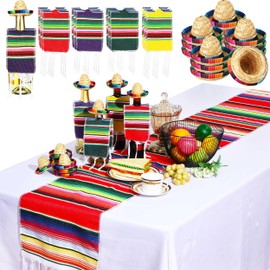 Moukeren 25 Pcs Mexican Decorations Includes 12 Mini Fiesta Sombrero Straw Hats 12 Mini Bottles Serapes Poncho Table Runner(Purple)