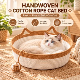 Interactive Woven Cat Bed with Toy Tail – 3-in-1 Cotton Rope Basket for Sleeping, Scratching & Playing