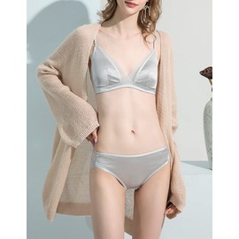 SilRiver Women Silk Padded Bralette Deep V Bra Wire Free Super Soft Comfortable for Sensitive Skin (Silver Grey, Small)