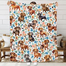 JL-JOYLIVELY Dachshund Blanket, Wiener Dog Throw Blanket for Boys Girls, Floral Dachshund Dog Pattern Decor for Couch Bed Living Room, Dachshund Gifts for Pets Dog Lover, 40"x50"-Kids/Throw Size