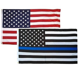 AES New 3'x5' Thin Blue Line US Police and American USA Flag 2 Grommets Combo Pack Super Polyester Nylon Fade Resistant Double Stitched Premium Penant House Banner Grommets (Imported)