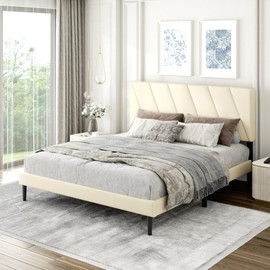 Bekusu Queen Size Upholstered Bed Frame with Adjustable Headboard and Sturdy Wooden Slats, Non-Slip and Noise-Free Design No Box Spring Needed Easy Assembly Light Beige