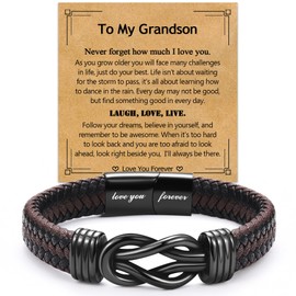 EPIRORA Knot Bracelet Gifts for Grandson, Infinity Love Brown Braided Leather Bangle Stainless Steel Bracelets, Graduation Birthday Christmas Anniversary Valentine's Day Present for Men Boys