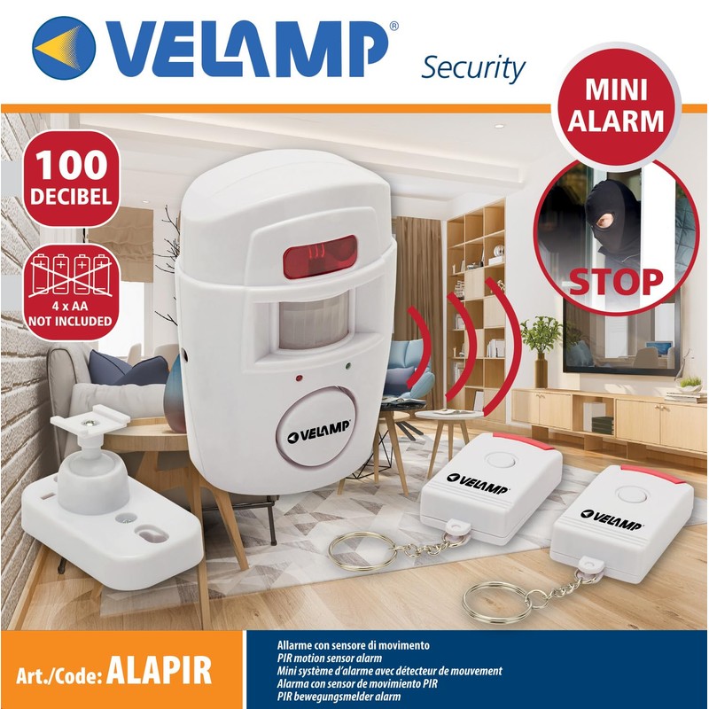 Mini allarme con rilevatore di presenza e due telecomandi. Bianco
