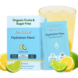 Feel Goods Hydration Hero, 1,000mg Electrolytes Powder, Sugar Free, Magnesium, Organic Aloe Vera, L Theanine, Vitamin C & B12, Non GMO, Keto, Vegan, Electrolyte Packets | Lemon Lime, 15 Count