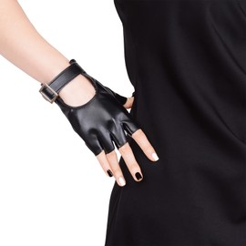 JISEN Women PU Leather Punk Gloves Fingerless Buckle Gloves Performance Driving Cosplay Mittens Black