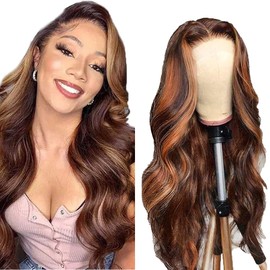 AiPliantfis Body Wave Human Hair Wig, Brown, 4x4 Real Hair Wig, Women's P430 Highlight, Glueless Human Hair with Natural Hairline, Free Part, Bleached Knots, Brazilian Remy Hair, 14 Inches (35.5 cm)