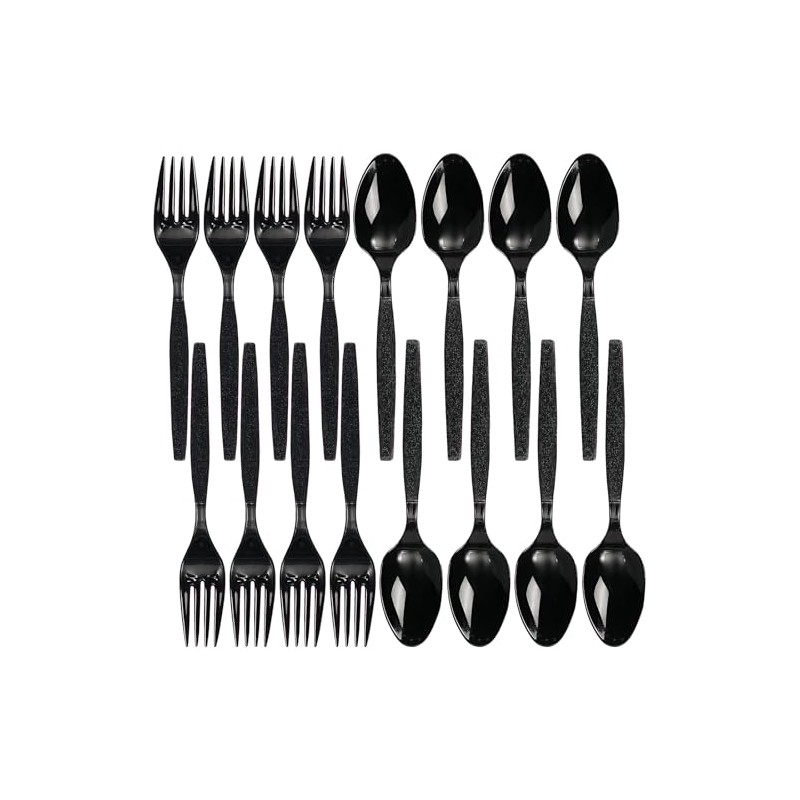 Black Fork & Spoon Plastic Cutlery Set (6") Pack of