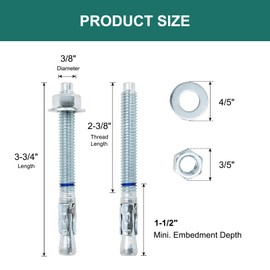 HROMIGRY 3/8" x 3-3/4" Concrete Anchors (50 Pack) 3/8 inch Wedge Anchors Bolts Zinc Plated