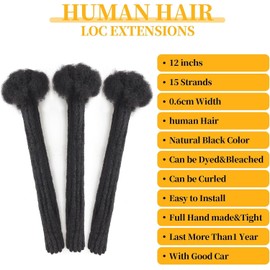 Shoobidoo 12 inch Human Hair Dreadlock Extensions 100% Real Human Hair 15 Strands 0.6cm Handmade Crochet Braiding Hair For Men/Women Natural Black Color