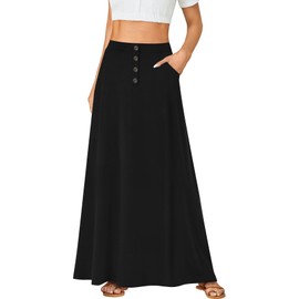 Rooscier Women's High Waist Button Front A-Line Long Maxi Skirt with Pockets Black XX-Large