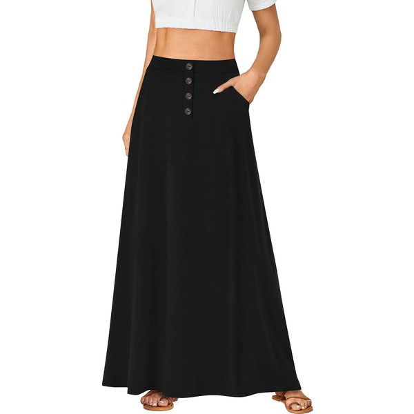 Rooscier Women's High Waist Button Front A-Line Long Maxi Skirt