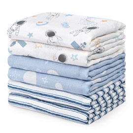 GLLQUEN - Manta receptora para bebé, manta de muselina de algodón para niño, cuadrados, transpirable y suave, delgada, para bebé, doble absorbente, paquete de 6 (astronauta azul)