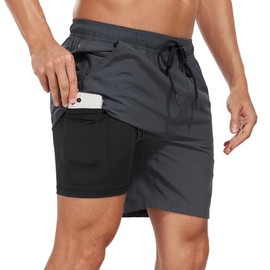 SONGDAI Mens Swimming Trunks Summer Fashionable Vacation Beach Board Shorts Four Corner Swim Short Inner Lining Pocket Swimwear Short-Grey-L