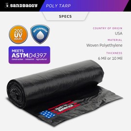 Sandbaggy Black Poly Tarp (Made in USA) - Waterproof, UV Protected - Roofing, Construction, Gardening/Landscaping, Paint, Boat, Trailer (10 MIL Polyethylene (PE), 10 ft x 50 ft)