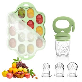 Tohecu Silicone Baby Food Teether Feeder with Breastmilk Popsicle Molds Combo, BPA Free Baby Fruit Food Feeder Pacifier, Teething Popsicle for Baby 4m+, 3 Sizes Food Pouches Included(Foam Green)