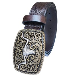 Western Cowboy-Belts for Women Men, Country-Cowigirl-Belt with Longhorn Head Buckle for Jeans Embossed Floral Leather, Dark Brown #2, Fit 25"-30" waist