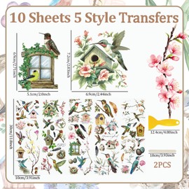 WANDIC 10 Sheets Rub On Transfer Stickers, Bees Birds Decals Fashionable Flower Waterproof Transfers for Furniture Table Water Bottle DIY Craft, 11.8 * 3.9in