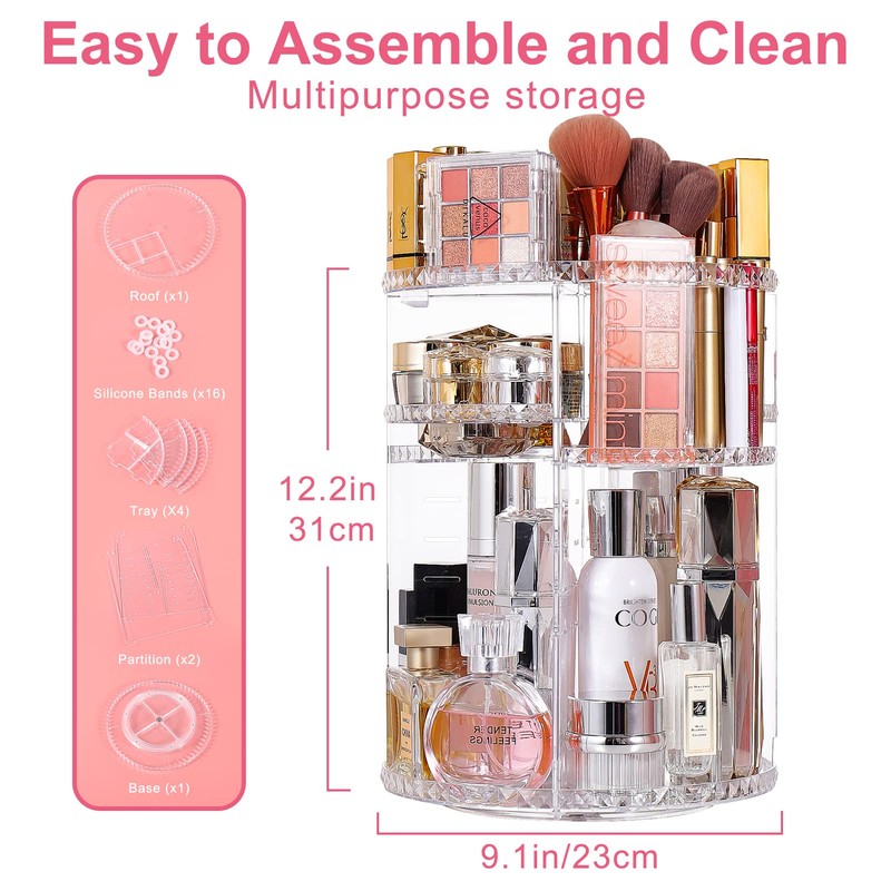 360 Round Spinning Makeup Organizer Display Case, V-HANVER Acrylic Organizer
