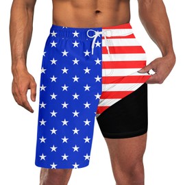 TUONROAD Men's Patriotic Swim Trunks Quick Dry Long Bathing Suit 2 in 1 9 Inch Inseam Board Shorts with Drawstring Independence Day Swimming Shorts Lightweight Matching XX-Large