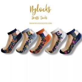 nylocks 5 Pairs Floral transparent dress socks for flats  Mesh Sheer nylocks cotton mexi