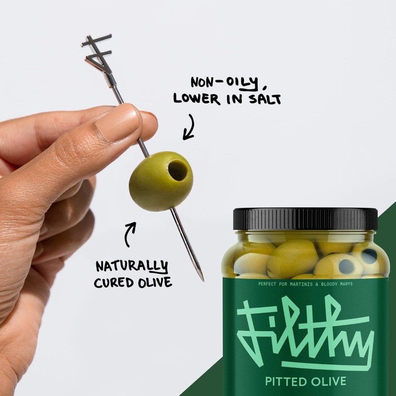 Filthy Pitted Olives, Premium Cocktail Garnish, Pitted Queen Olives, Naturally