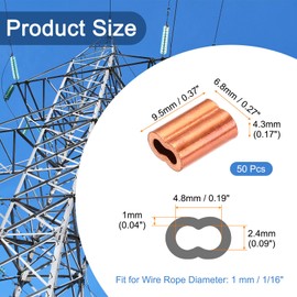 sourcing map Copper Duplex Oval Crimping Sleeve 1/16"(2mm) Cable Ferrule Crimping Loop Sleeve for Wire Rope Cable Fishing Line, Pack of 50