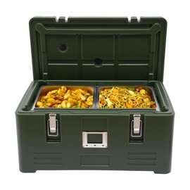 Treliamd Insulated Food Pan Carrier, 30L/31Qt Capacity, Stackable Catering Hot Box w/ 2 Stainless Steel Pans, Top Load Food Warmer w/Elastic Side Handles and Buckles, for Restaurant Canteen, Green