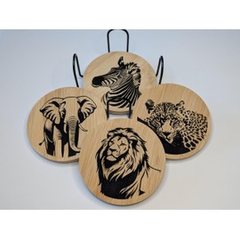African Safari Animal Wooden Coasters, Set of 4 with Metal Holder, Bamboo Wood, Housewarming New Home Gift