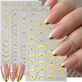 4 Sheets French Tip Nail Stickers for Nail Art 3D Self-Adhesive Gold Nail Art Stickers Gold Heart with Rhinestones Designs French Lines Nail Decals Acrylic Nails Art Supplies for Women DIY Manicure