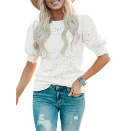 Saodimallsu Women's Pullover Lantern Short Sleeve Tops Casual Crew Neck Clothing Cute Dot Regular Fit Knitted Shirts, White