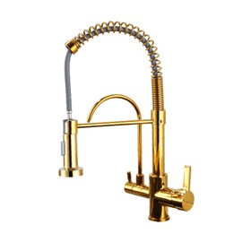 3-in-1 Brushed Nickel Kitchen Sink Faucet with Pull-Out Sprayer | Reverse Osmosis & Water Filter Compatible | Solid Brass Spring Drinking Water,Dual Handle RO Faucet for Sink (Gold)