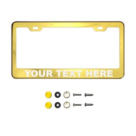 Customized Laser Etched Gold Chrome T304 Stainless Steel License Plate Frame Universal Fit, Aluminum Screw-On Cap Cover, Rust-Proof, Weather-Proof - Includes Stainless Steel Screws (Qty: 1 Frame)
